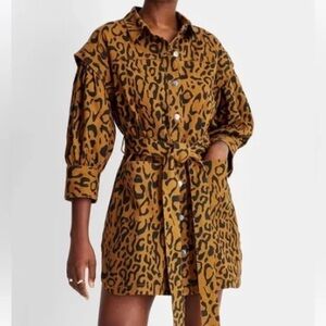 Future Collective  Kahlana Barfield Brown Leopard Utility Denim A-Line Dress